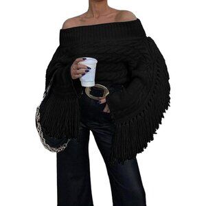 Women’s Black  Unybwonn Off Shoulder Tassel Knit Cropped Y2K Sweater